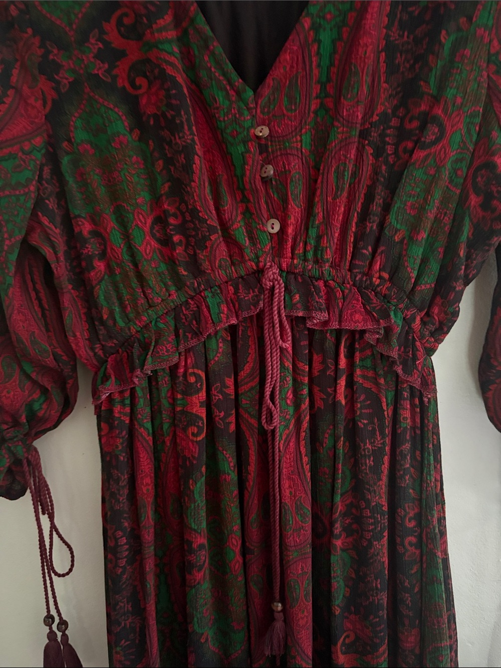 Bohemian Paisley V-Neck Maxi Dress in Burgundy and Green - Picture 4 of 8